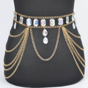 Metal Layered Chain Belt W/acrylic Stone
